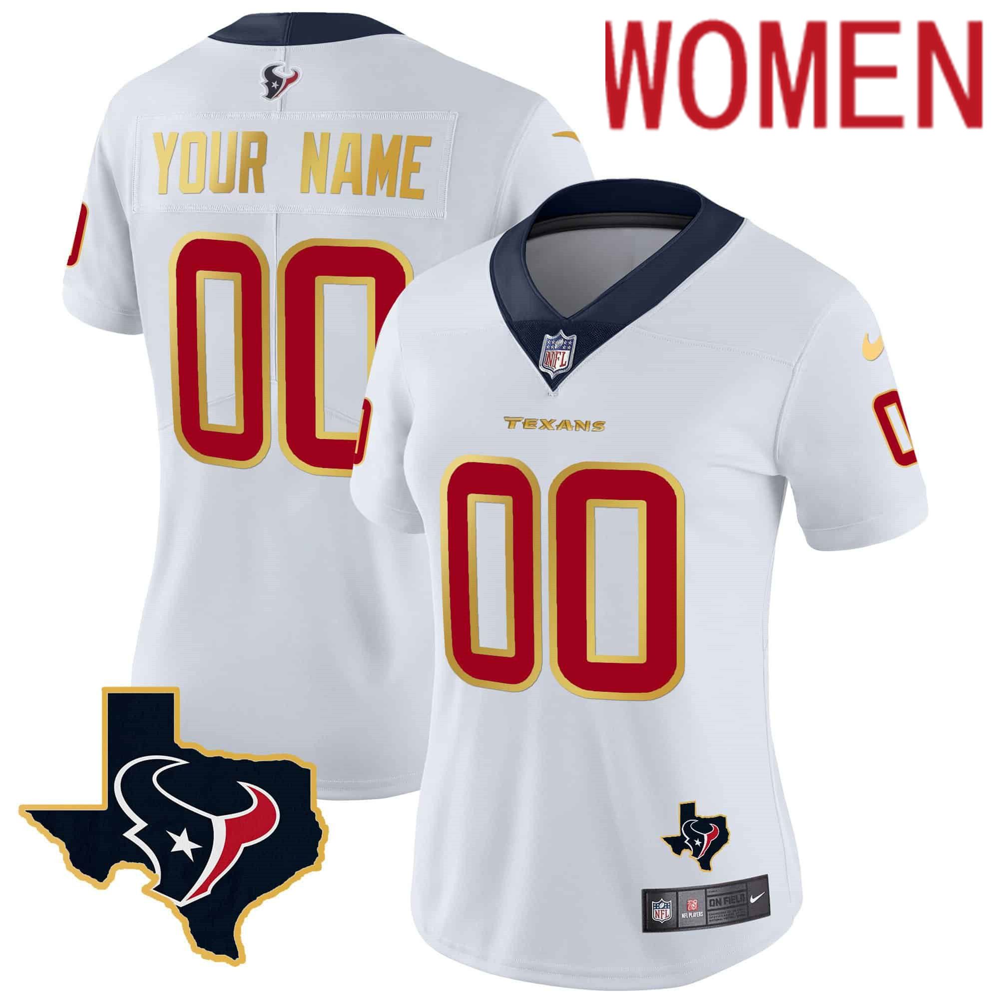Women Houston Texans White Gold 2024 Nike Trim Vapor Custom NFL Jersey